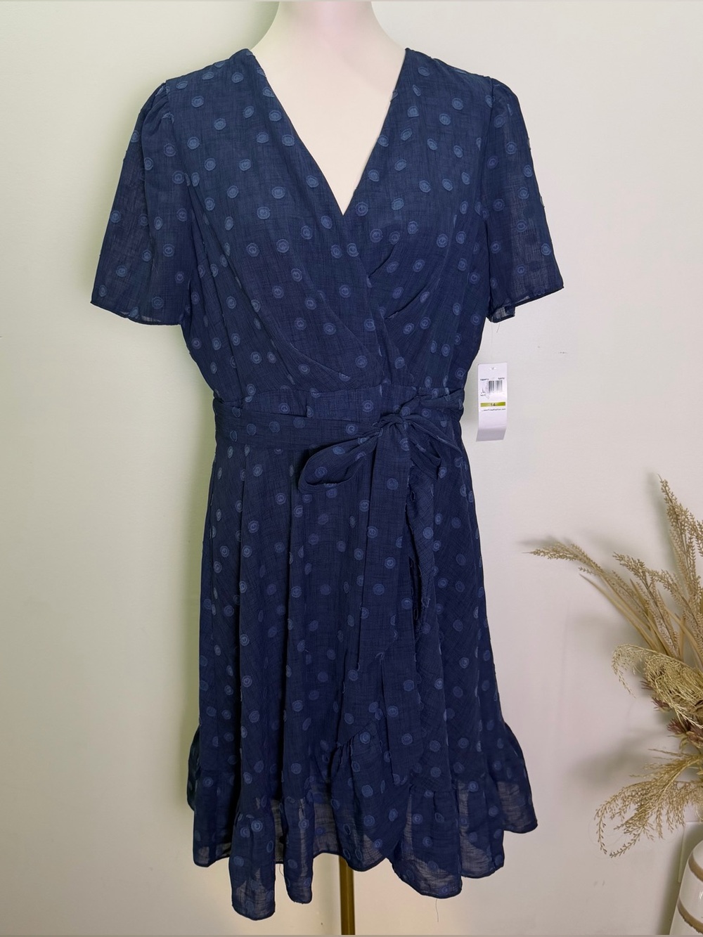 London Times Size 14 Navy Clipped Dot Faux-Wrap Dress